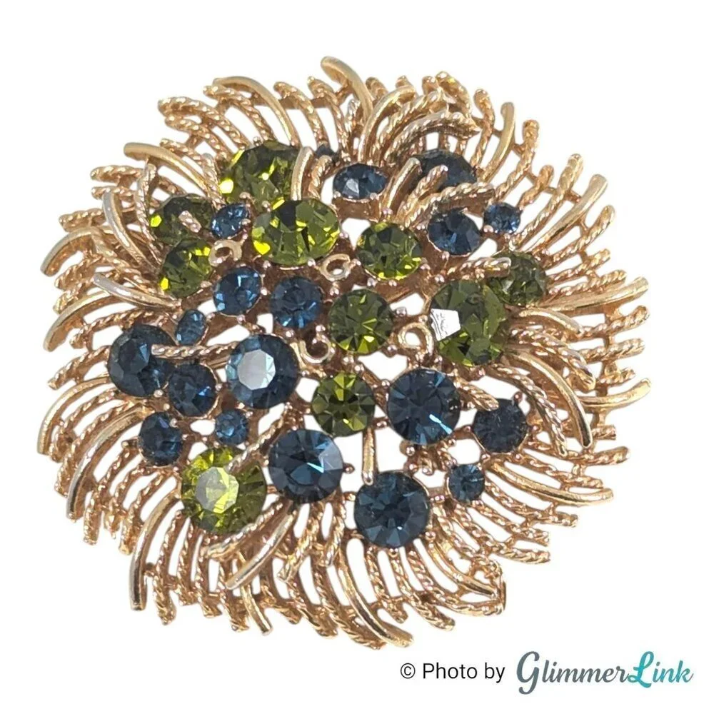 Vintage 60s Lisner Round Floral Green Blue Rhinestone Crystal Gold Tone Brooch